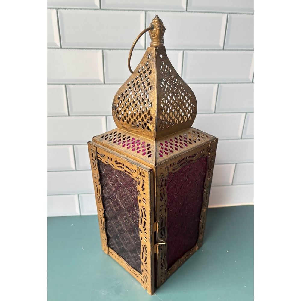 Moroccan Style Gold Metal Magenta Glass Candle Lantern Filigree Boho Decor